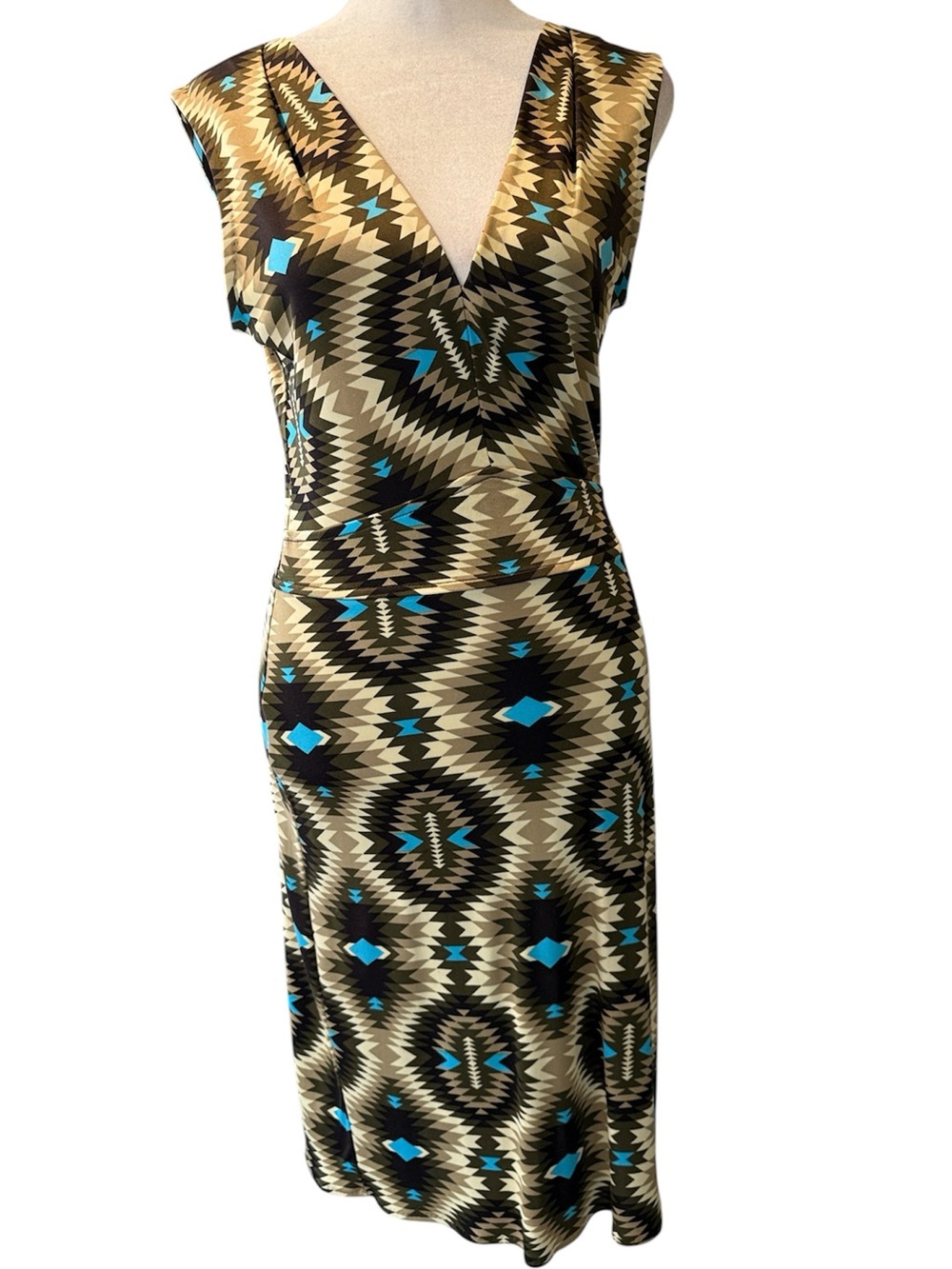 Tory Burch 100% Silk Geometric Southwestern Print Draped V-neck Dress XS